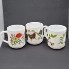 Vtg White Milk Glass Coffee Mugs Made in France Lot of 3 Butterfly Flowers Plant