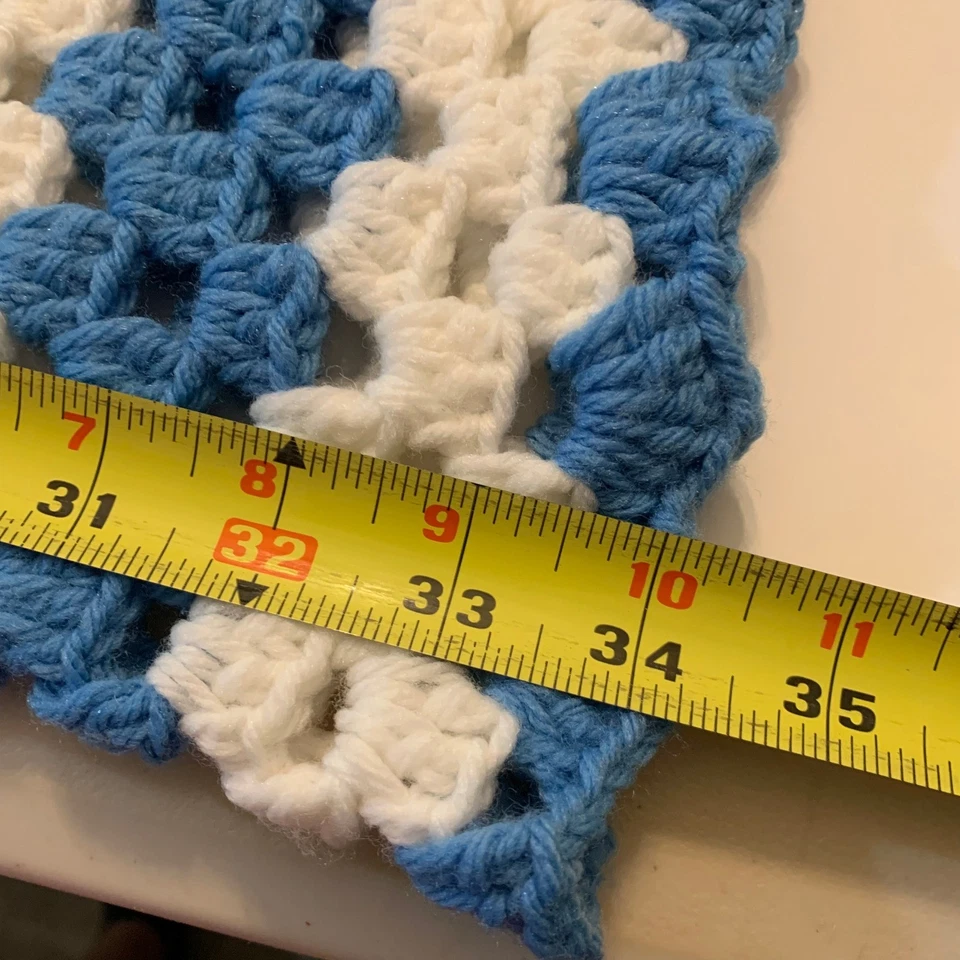 Handmade Crochet Granny Square Lap Blanket Blue White Scallop Afghan 34x35 - Image 4 of 4