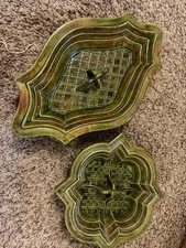 Atlantic Mold Ashtray 2 Piece Set Lime Green Vintage Ceramic Hand Painted