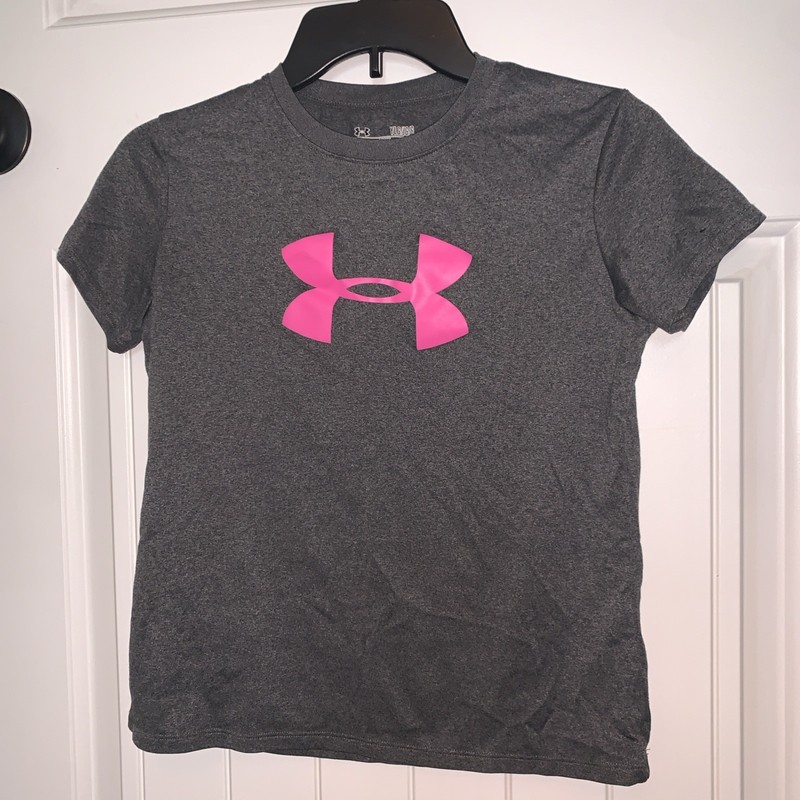 Girls YLG Under Armour Gray S/S Loose Heat Gear  Hot Pink UA Logo GUC!