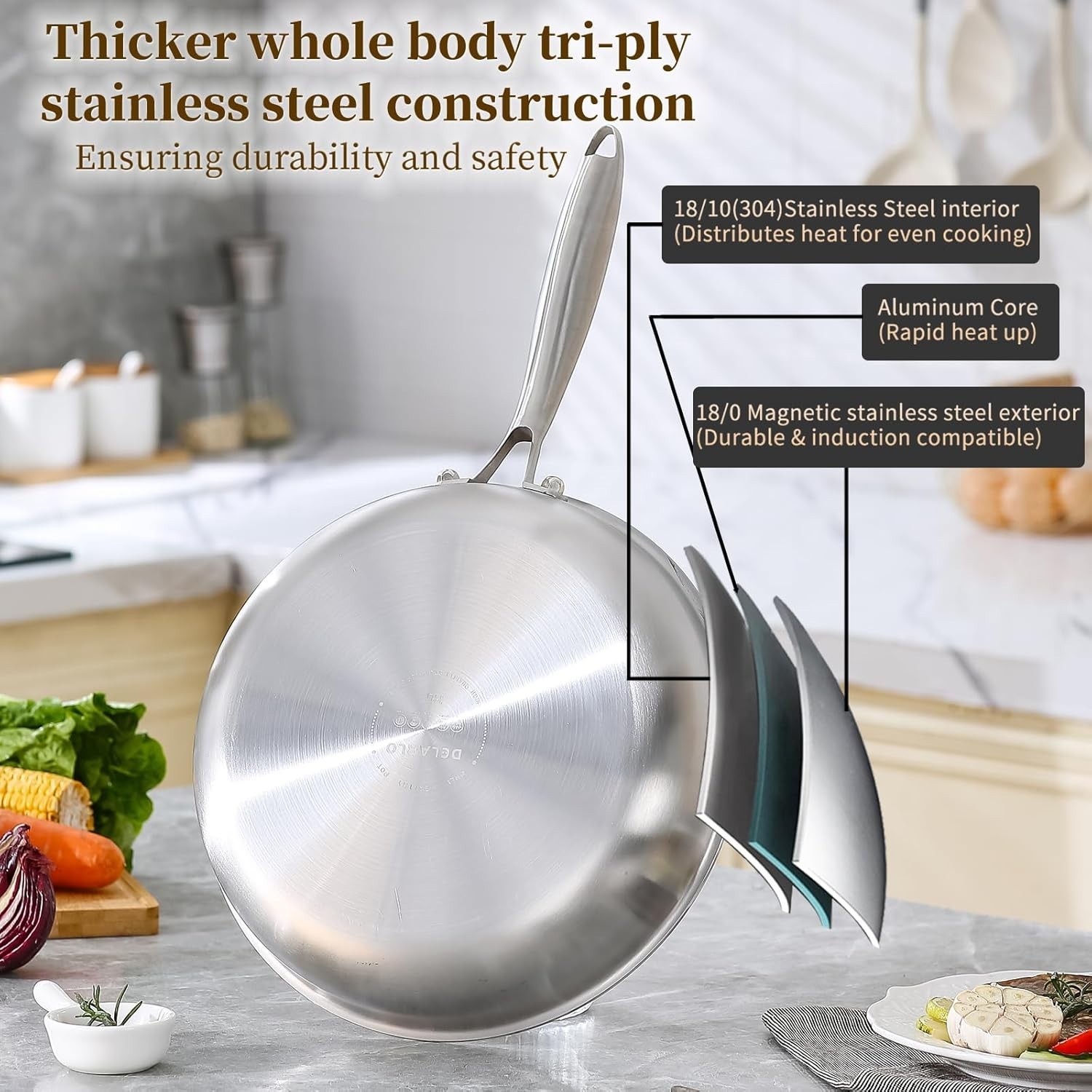 Whole Body Tri-Ply Stainless Steel 12Inch Frying Pan, Oven Safe Induction Skille