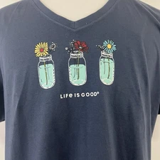 Life is Good Floral Jars Daisies Blue Crusher V-neck Tee XXL T-shirt New 9749