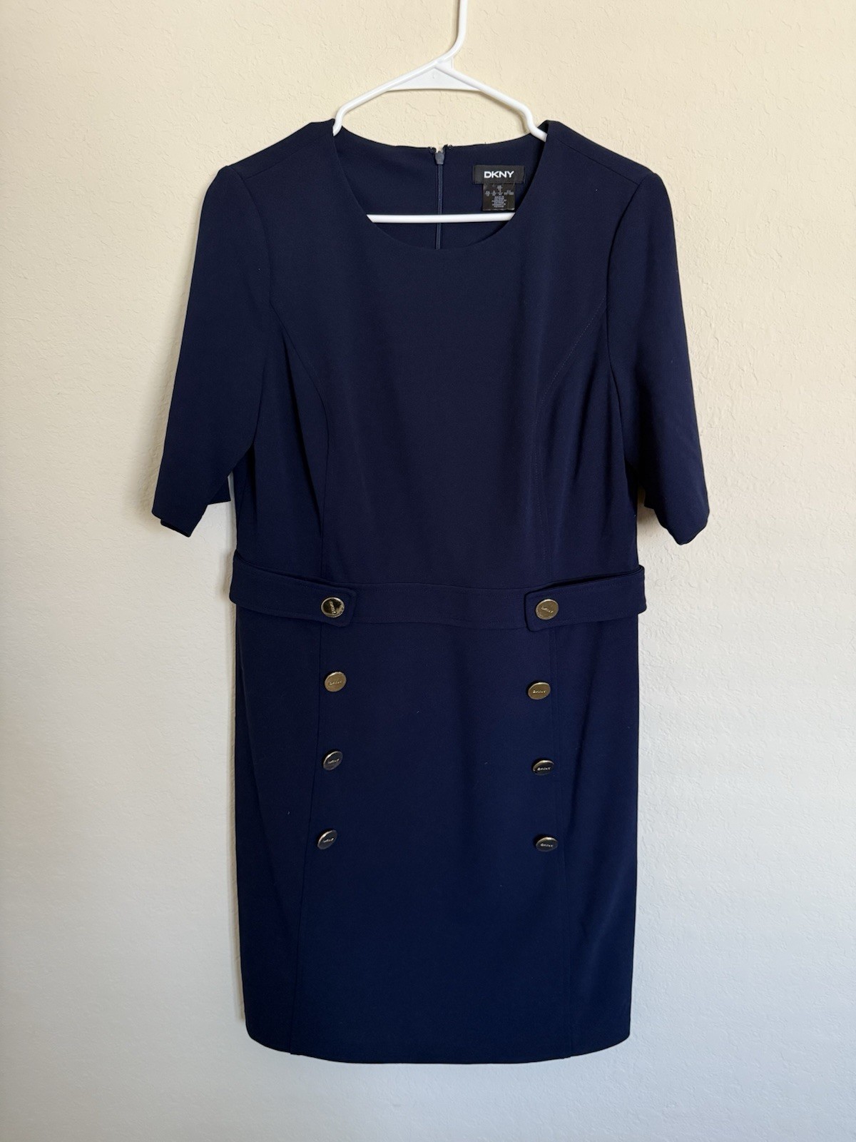 DKNY Women's Navy Blue Round Neck Sheath Dress with 3/4 Sleeves Size 12
