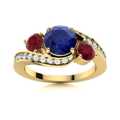 925 Sterling Silver Gold Plated Blue Sapphire & Ruby Three Stone Women Ring