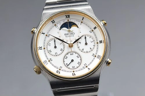 Vintage 1985 N MINT SEIKO Moon Phase 7A48-7000 Chronograph Qz Men's Watch JAPAN