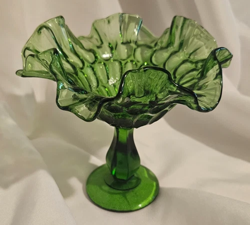 Vintage MCM Fenton Glass Colonial Green Thumbprint Ruffled Compote