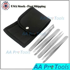 Tweezers Set 4-Piece Professional Silver Plucker Stainless Steel with Best Case 