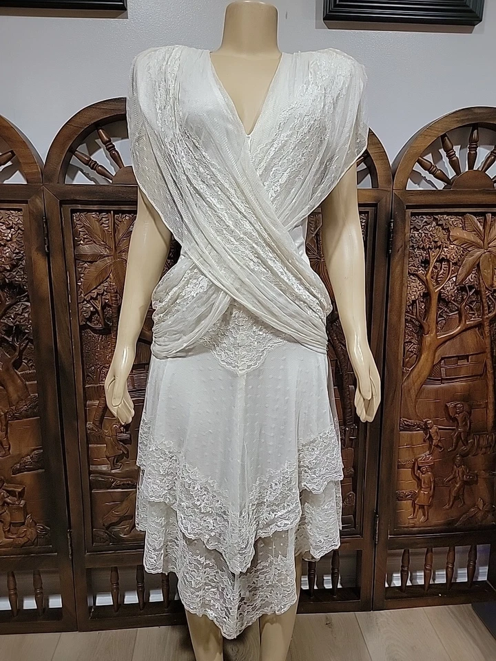 Vestido Climax Karen Okada Por David Howard Vintage Encaje Mujer Marfil 9/10 #C Foto 3 de 4