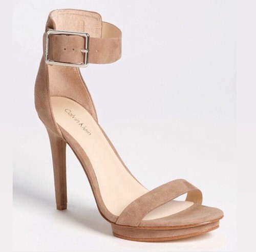Calvin Klein Vivian Tan Nude Beige Suede Ankle Strap High Heel Sandals 5.5  | eBay