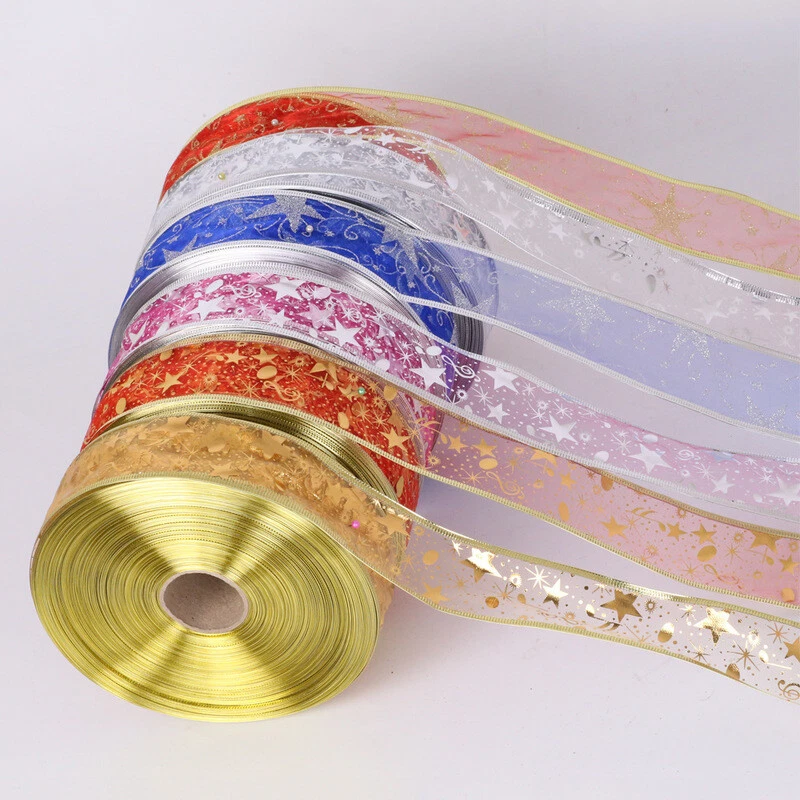 100 Yard Organza Ribbon Bling Star Printed Slik Ribbon Christmas Decor Accessory - Image 2 of 4