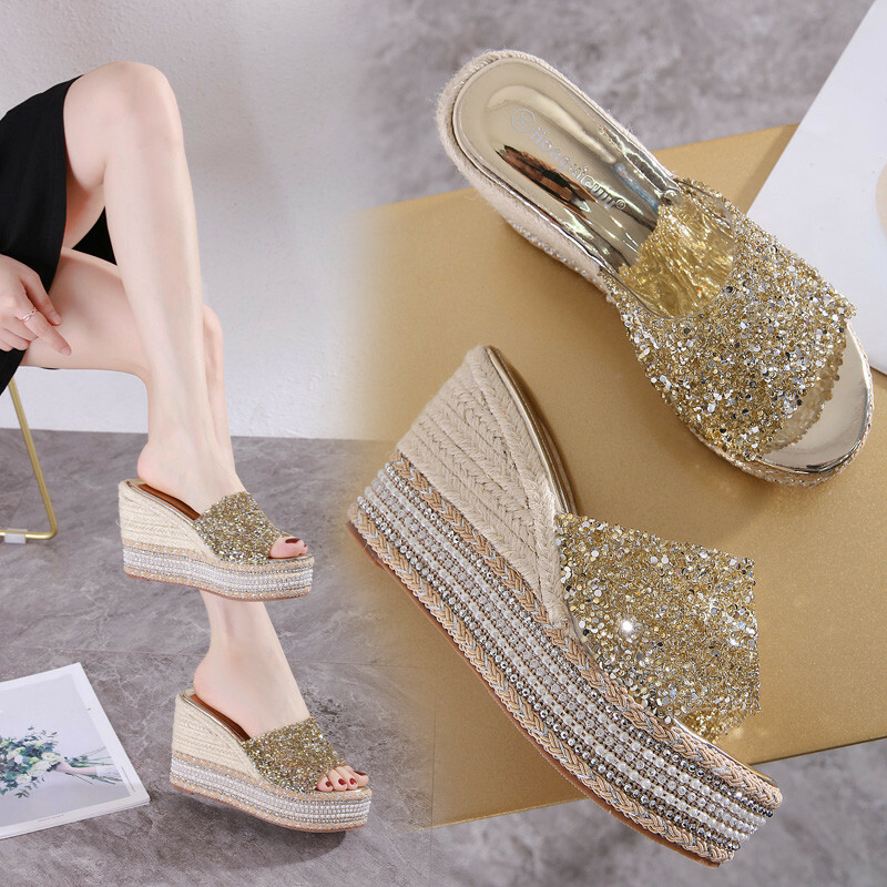 Black Sequined Splicing Sheepskin Wedge Slide Sandals main image 1