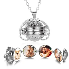 Guardian Angel Locket with Adjustable 20" Chain Link Necklace, Holds 4 Photos