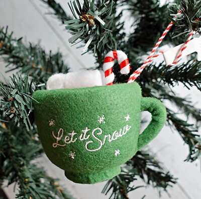Let it Snow Mug Christmas Ornament Hot Choco Cup Marshmallow Candy Cane Holiday