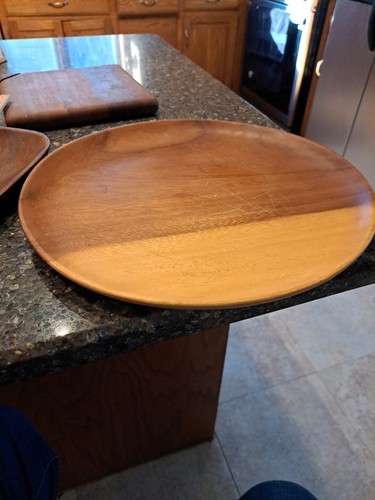 Round Wood Serving Tray Wooden Plate Monkey Pod Charcuterie Dishes Vintage 12" - Picture 3 of 8