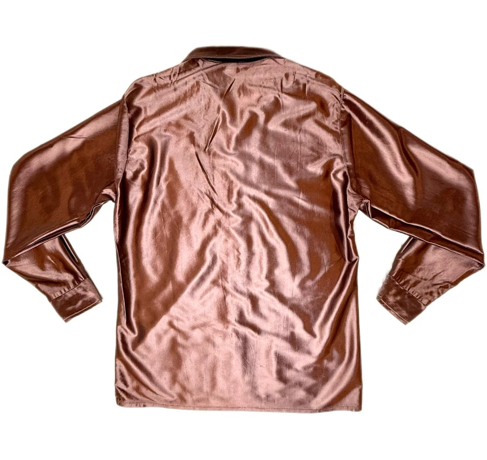 Camisa discoteca vintage Stuart Mann California satinada marrón L manga larga años 70 Foto 4 de 4