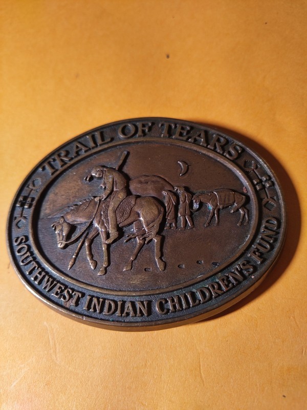 Vintage 70s Brass Belt Buckle TRAIL of TEARS  Southwest Indian Childrens Fund
