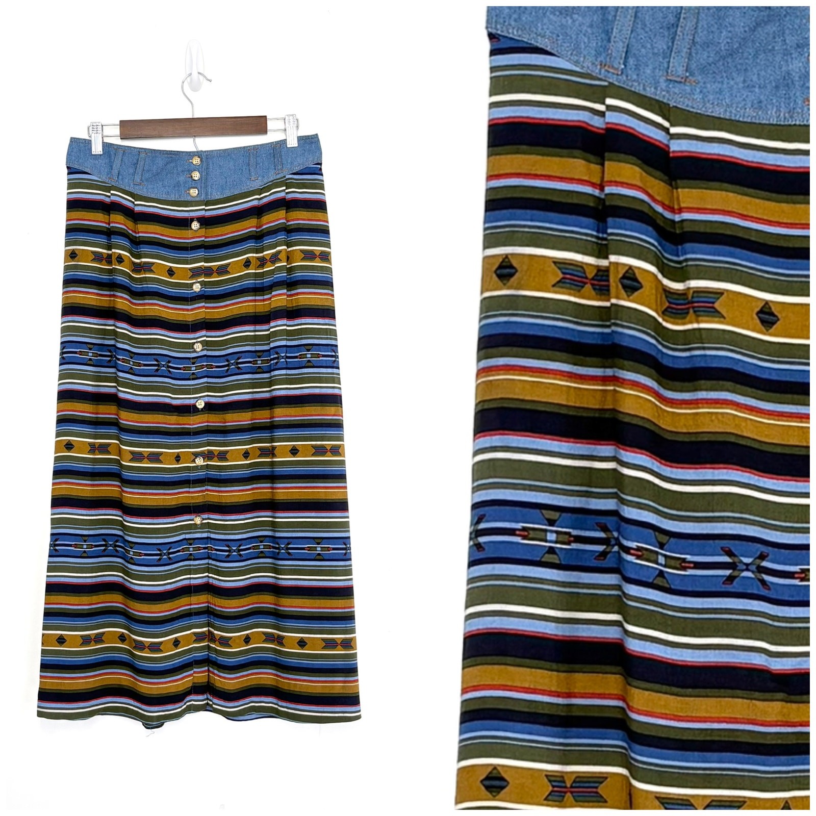 New Look Southwestern Striped Midi Skirt XL Button Front Boho Coastal Cowgirl