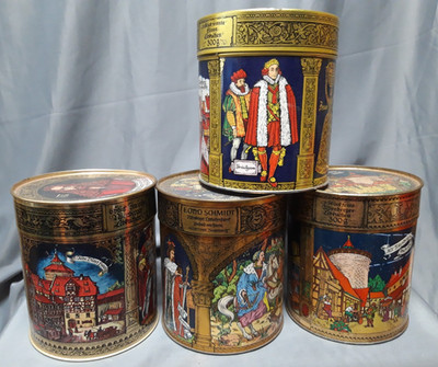 4 alte Blechdosen Nürnberger Lebkuchen Motive E. Otto Schmidt Nürnberg 1930-50er