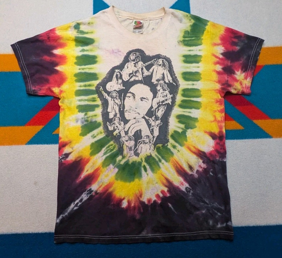 Vintage Bob Marley Tie Dye Shirt Double Sided Guitar Rasta Marijuana Medium