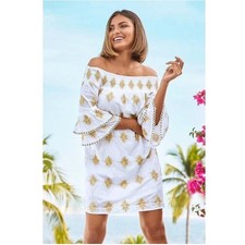Boston Proper Metallic Detail Off-The-Shoulder Dress L White Gold Embroidered