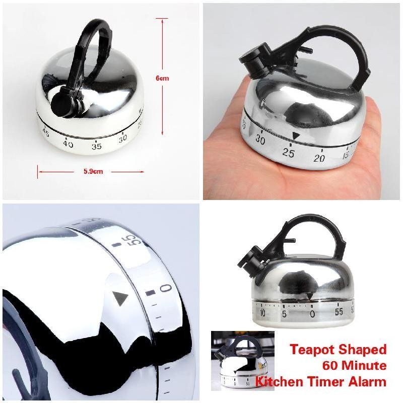 Kitchen Teapot Shaped Cooking Timer - Manual Wind Up 60 Minutes Countdown Timer