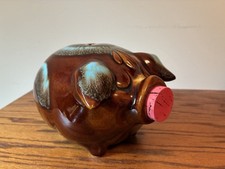 Poterie de coque banque cochon en liège marron goutte à goutte turquoise 1957