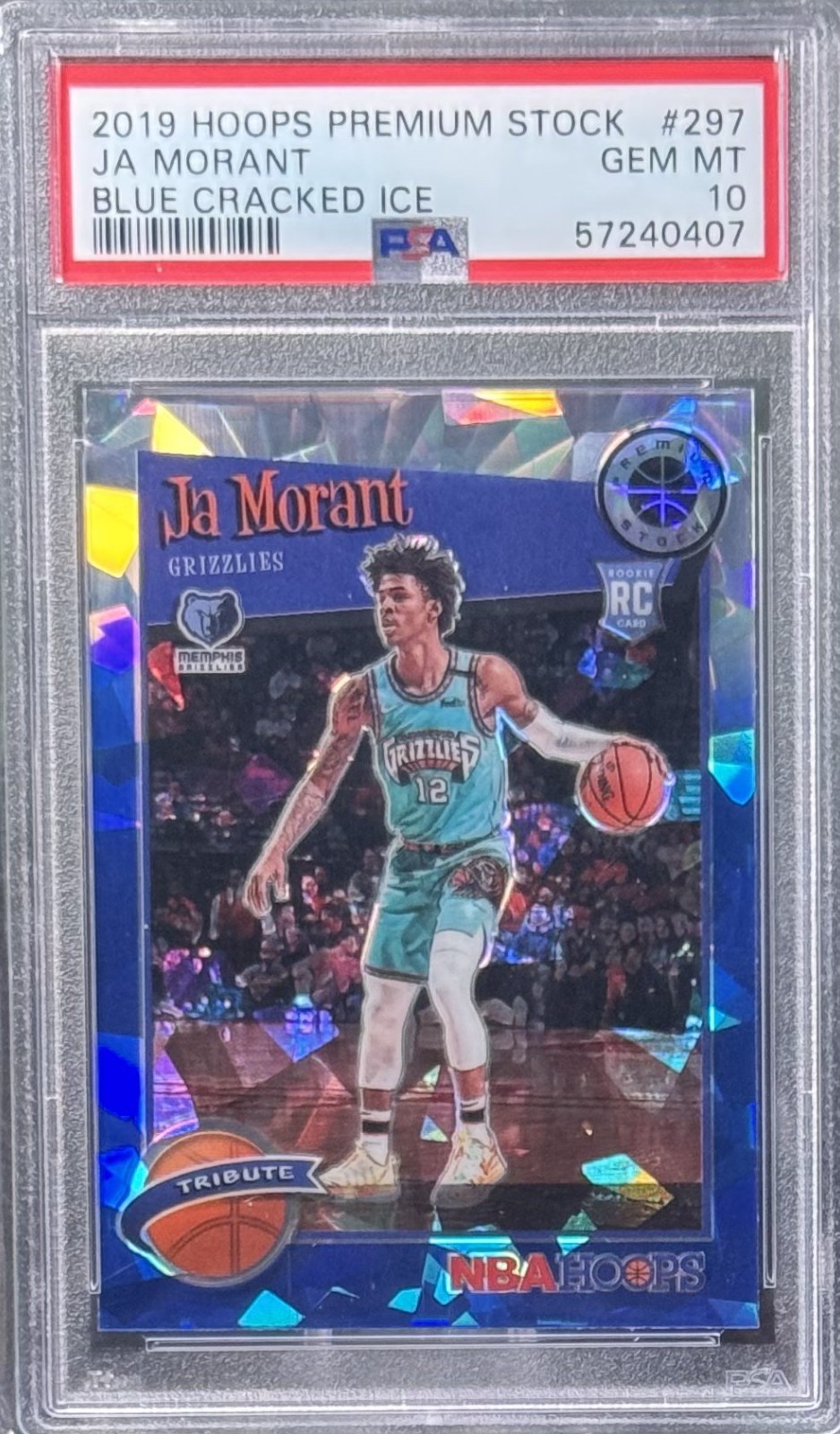 JA MORANT 2019 Hoops Premium Stock Blue Cracked Ice RC PSA 10 #297