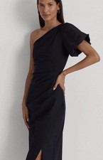 Ralph Lauren One-Shoulder Puff Sleeve Navy Draped Midi Dress Size 14