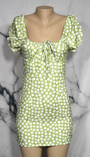 SHEIN Green White Floral Print Milkmaid Dress Small Puffy Sleeves Ties at Bust