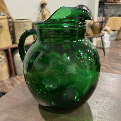 Vintage 9" Anchor Hocking Depression Glass Forest Green Ice Lip Ball Pitcher