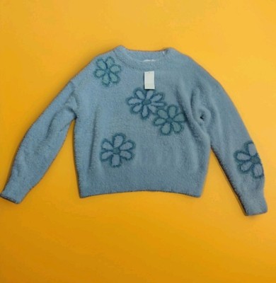 Women's New Sky Blue Flowered Moe Hair Pullover Sweater From Hooked Up Size L