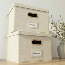 Decorative File Organizer Box Set of 2 - Collapsible Linen Filing Cabinets w/...