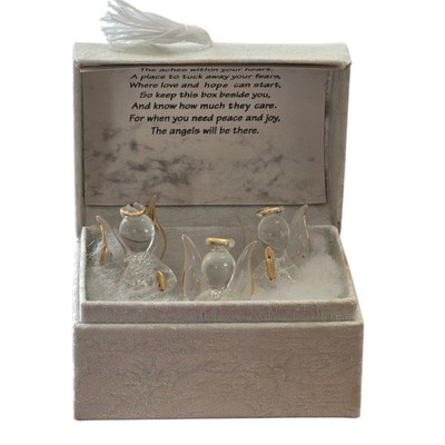 ''Your Worry Box''  3 Comfort Angels Glass Hand Spun 18K Gold Accents White Box