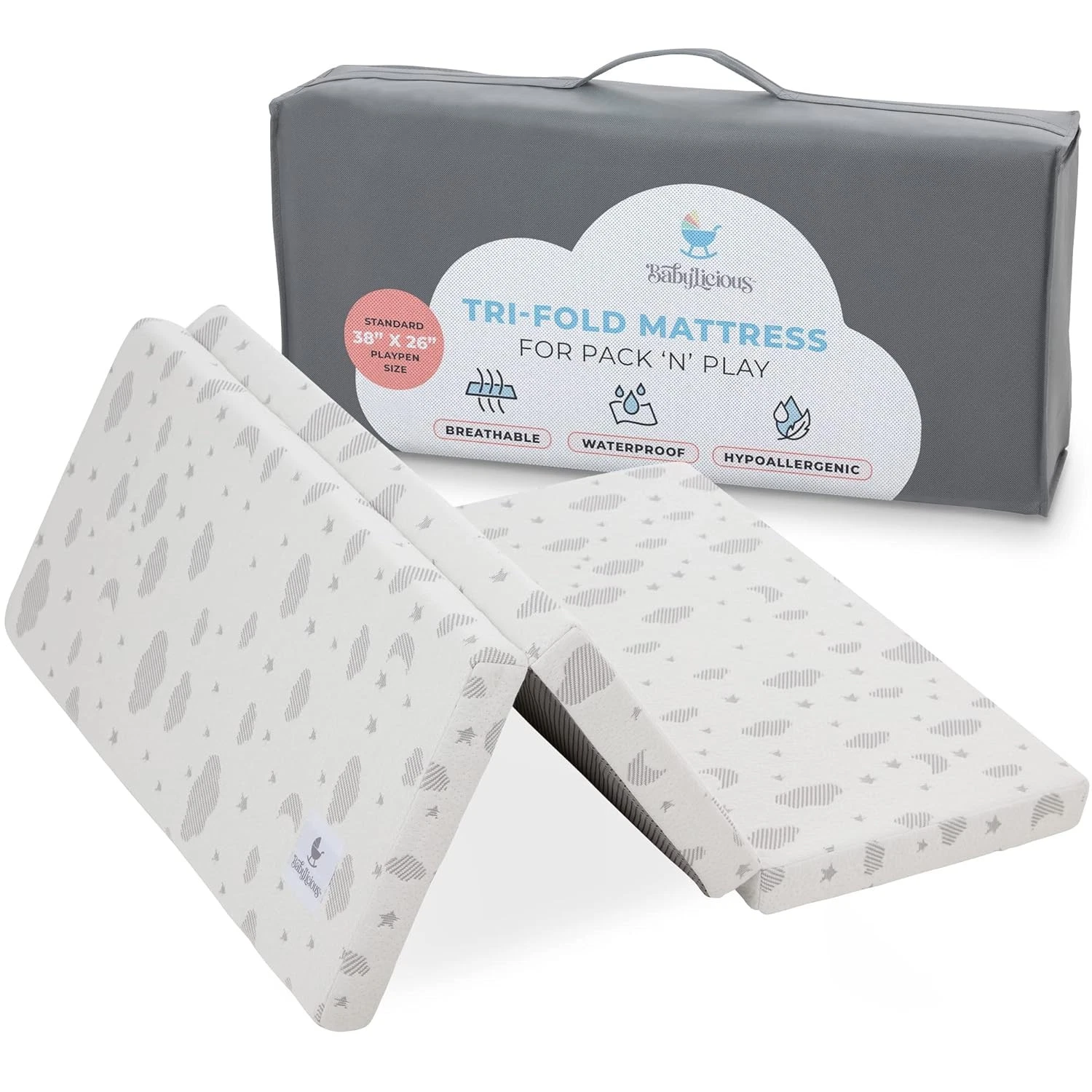 Waterproof Pack & Play Mattress Topper 38" x 26" x 1.5" Trifold Style Breathable