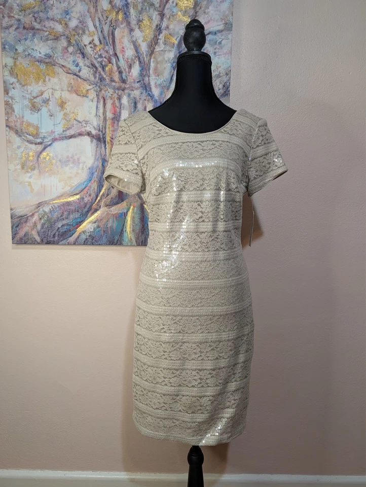 Vestido Donna Ricco Vaina Lentejuelas Beige Encaje Talla 6 Boda Fiesta Evento Elegante NUEVO Foto 2 de 4