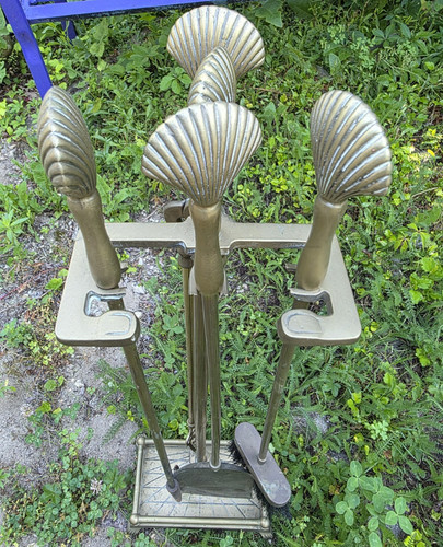 VTG Brass 5 Piece Fireplace Tool Set Clam Shell Handles Nautical Coastal Decor