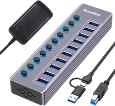 Powered 10-Port USB 3.0 Hub, USB C to 10 Ports USB Data Hub Splitter with Indivi