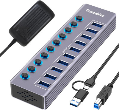 Powered 10-Port USB 3.0 Hub, USB C to 10 Ports USB Data Hub Splitter with Indivi
