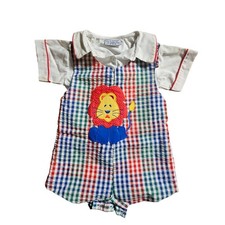 Vintage Samara Lion Gingham Seersucker Romper Set Size Baby 3/6 Mos Kidcore