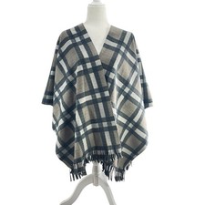 NEW Equestrian Reversible Shawl Cape Wrap OS Gray Beige Plaid Open Front Fringe