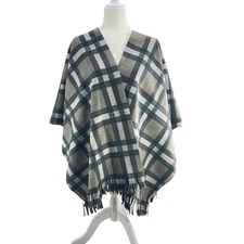 Eivissa Reversible Wrap Shawl Womens One Size Gray Beige Plaid Open Front Fringe