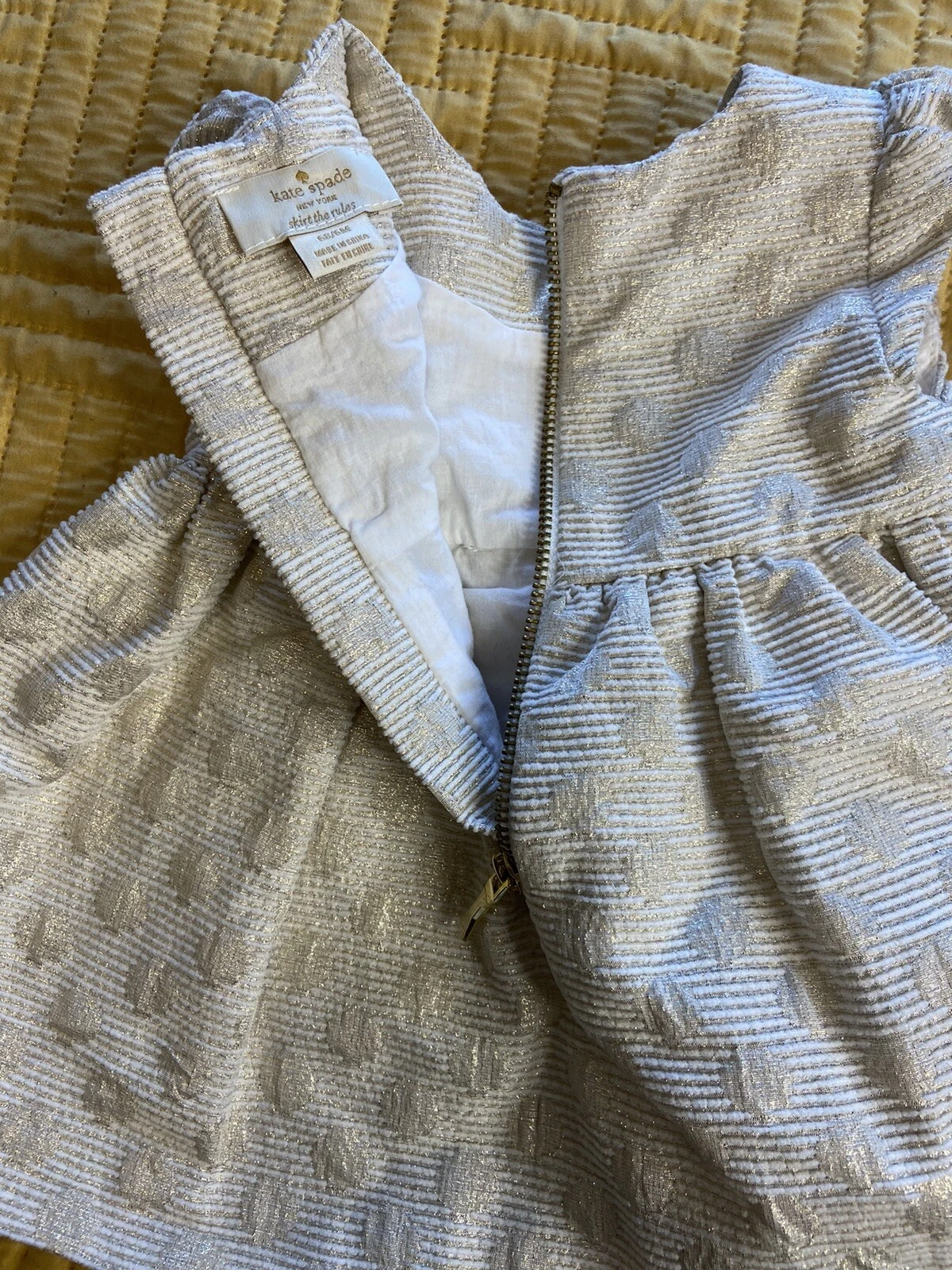 Abito da festa Kate Spade bambina 6 mesi oro chiaro punti metallizzati fiocco gessato