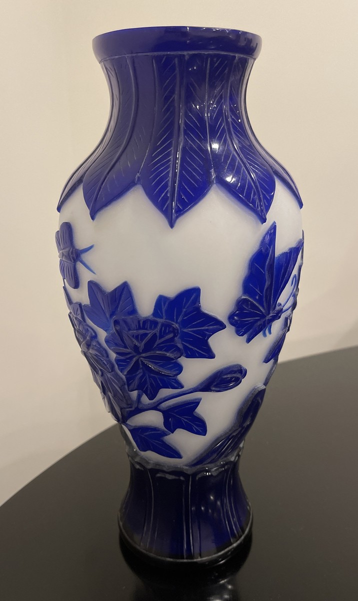 Peking Art Cameo Glass Cobalt Decorated Flowers Butterflies Large