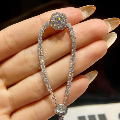 1Ct Round Cut Moissanite Women's Square Halo Bolo Bracelet 14K White Gold Plated