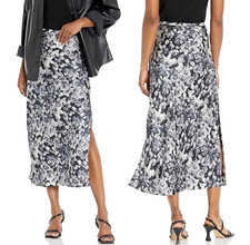 NWT- Cinq Sept 'Photo Real Adis' Floral-Print Silk Skirt, Slate Multi - 14