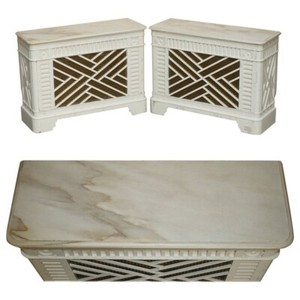 PAIR OF VINTAGE ITALIAN CARRARA MARBLE TOPPED RADIATOR COVERS REMOVABLE FRONTS