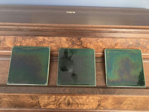 Antique Fireplace Tile Set 3-6x6”, 1800s, Minton, Dark Green Iridescent - Picture 1 of 7