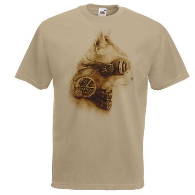 Unisex Khaki Steampunk Cat Edwardian Steam Punk Feline T-Shirt