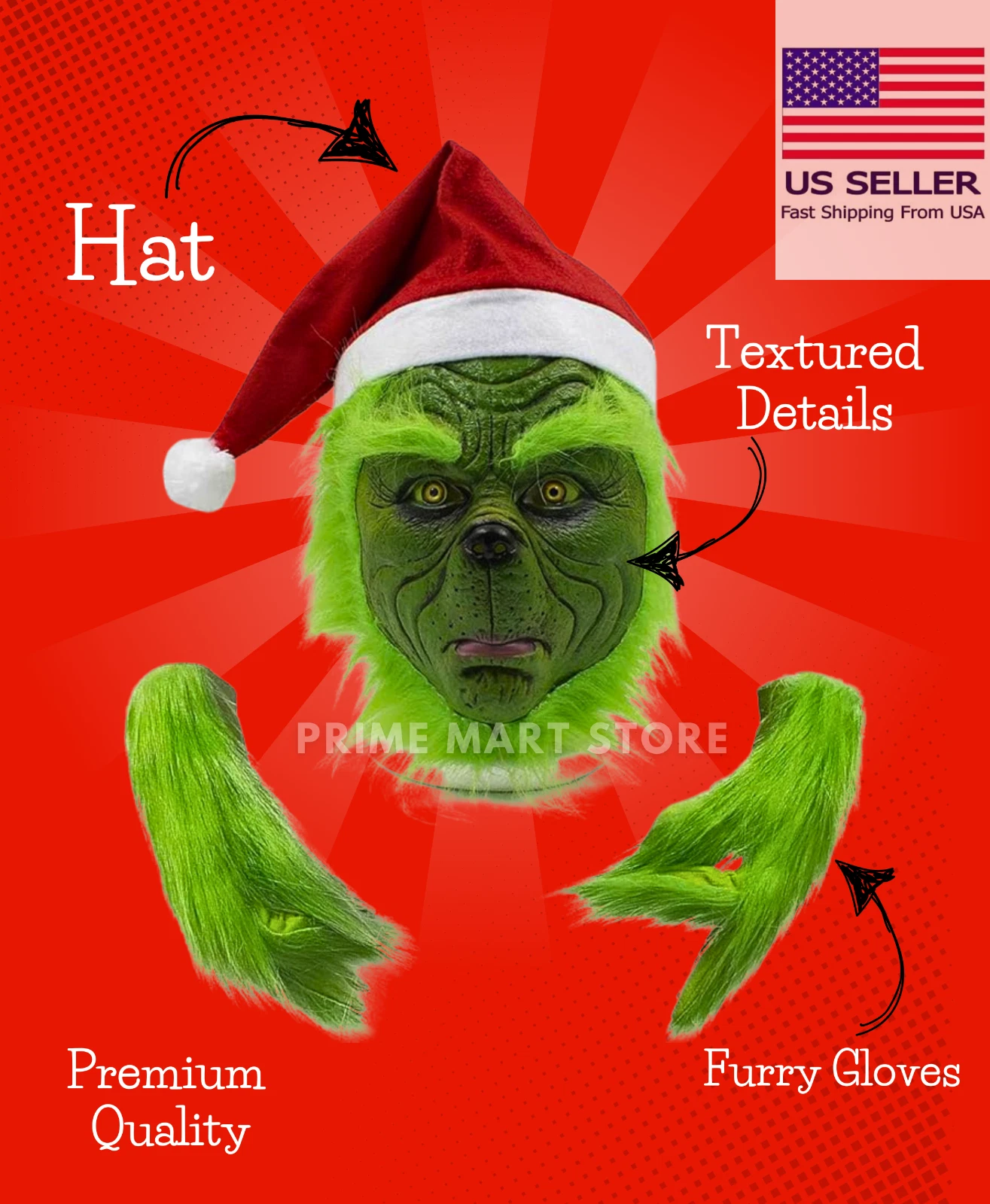 The Grinch Latex Mask Hat Full Head Adult Cosplay Costume with Furry Gloves