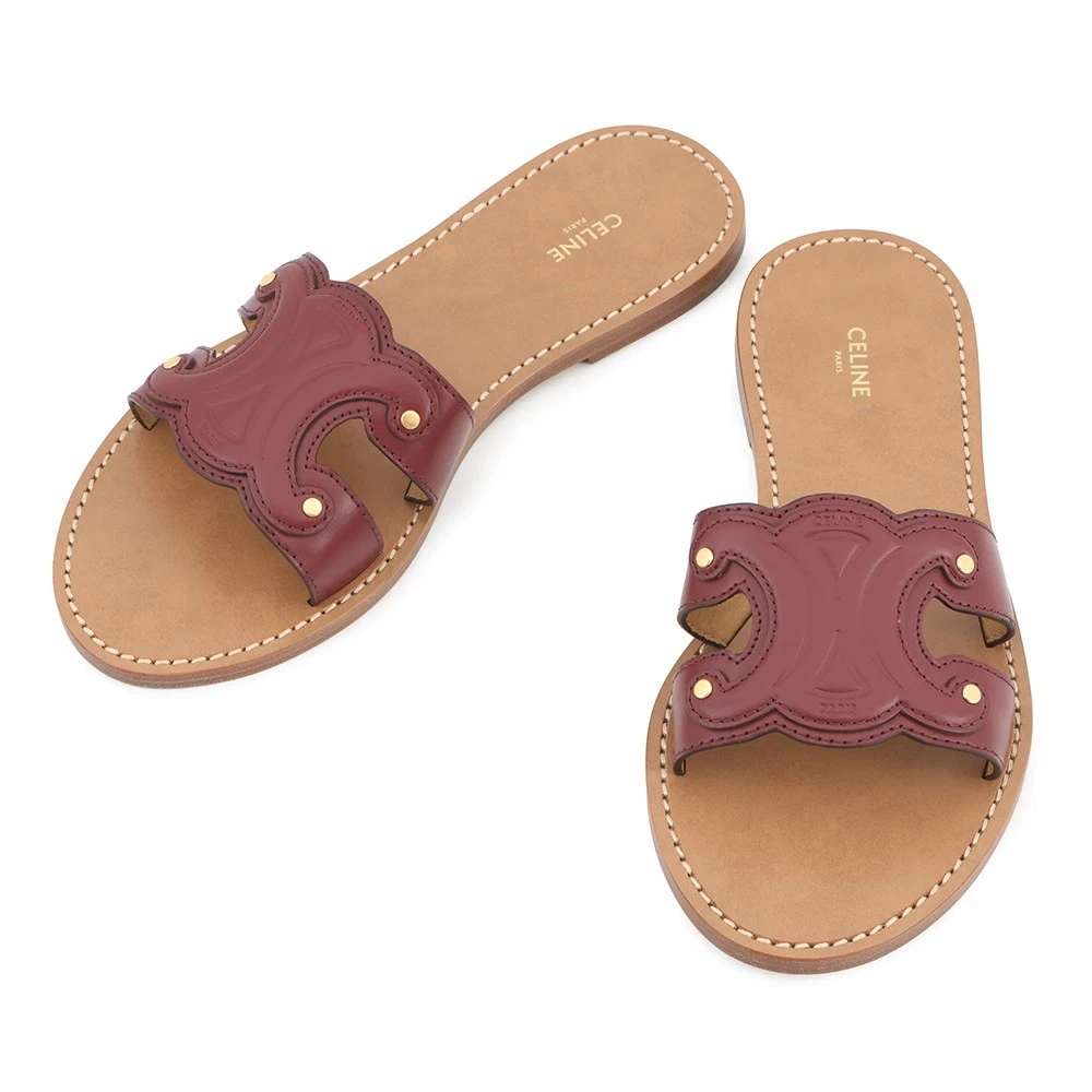 Celine — CELINE Triomphe Mule Sandals Size 38 Leather Bordeaux/Brown